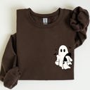 XXXL Dark Chocolate Brown Cute Ghost With Cat Halloween Black Cat Witch Pocket Print Graphic Cozy Sweatshirt