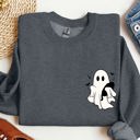 Large Dark Gray Heather Cute Ghost With Cat Halloween Black Cat Witch Pocket Print Graphic Cozy Sweatshirt