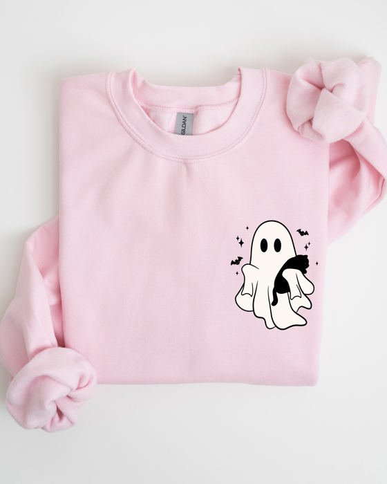Cute Ghost With Cat Halloween Black Cat Witch Pocket Print Graphic Cozy Sweatshirt