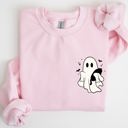 Medium Light Pink Cute Ghost With Cat Halloween Black Cat Witch Pocket Print Graphic Cozy Sweatshirt