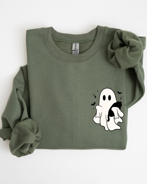 Cute Ghost With Cat Halloween Black Cat Witch Pocket Print Graphic Cozy Sweatshirt