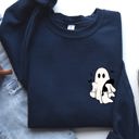 Small Navy Cute Ghost With Cat Halloween Black Cat Witch Pocket Print Graphic Cozy Sweatshirt
