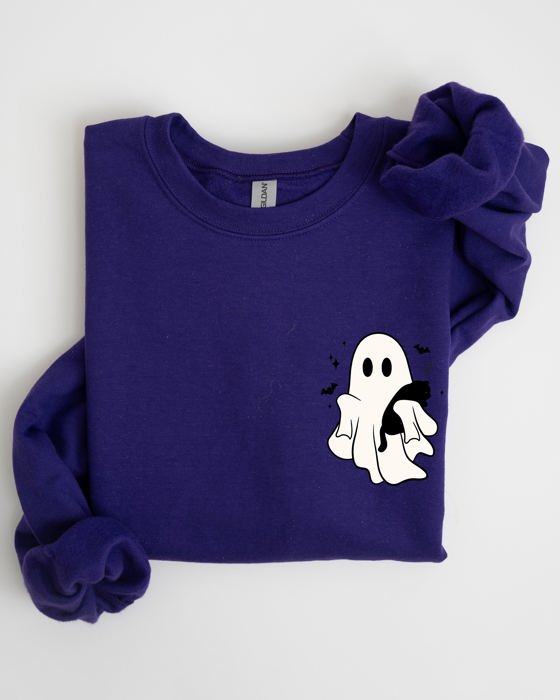 Cute Ghost With Cat Halloween Black Cat Witch Pocket Print Graphic Cozy Sweatshirt