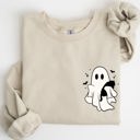 Large Sand Cute Ghost With Cat Halloween Black Cat Witch Pocket Print Graphic Cozy Sweatshirt