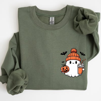 Cute Orange Ghost Pocket Print Halloween Coffee Bats Cozy Nights Adventure Cozy Autumn Spooky Mood Sweatshirt