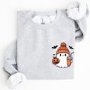 Large Ash Light Gray Cute Orange Ghost Pocket Print Halloween Coffee Bats Cozy Nights Adventure Cozy Autumn Spooky Mood Sweatshirt
