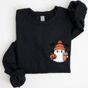 Large Black Cute Orange Ghost Pocket Print Halloween Coffee Bats Cozy Nights Adventure Cozy Autumn Spooky Mood Sweatshirt