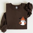 XL Dark Chocolate Brown Cute Orange Ghost Pocket Print Halloween Coffee Bats Cozy Nights Adventure Cozy Autumn Spooky Mood Sweatshirt