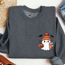 XXXL Dark Gray Heather Cute Orange Ghost Pocket Print Halloween Coffee Bats Cozy Nights Adventure Cozy Autumn Spooky Mood Sweatshirt