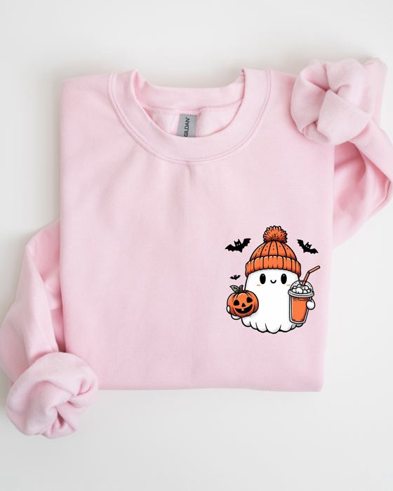 Cute Orange Ghost Pocket Print Halloween Coffee Bats Cozy Nights Adventure Cozy Autumn Spooky Mood Sweatshirt