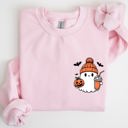 Small Light Pink Cute Orange Ghost Pocket Print Halloween Coffee Bats Cozy Nights Adventure Cozy Autumn Spooky Mood Sweatshirt