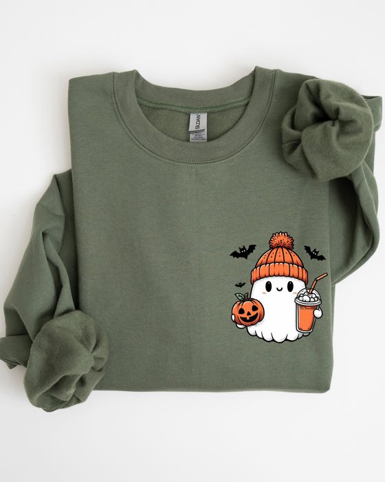 Cute Orange Ghost Pocket Print Halloween Coffee Bats Cozy Nights Adventure Cozy Autumn Spooky Mood Sweatshirt