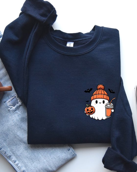 Cute Orange Ghost Pocket Print Halloween Coffee Bats Cozy Nights Adventure Cozy Autumn Spooky Mood Sweatshirt