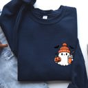 XXL Navy Cute Orange Ghost Pocket Print Halloween Coffee Bats Cozy Nights Adventure Cozy Autumn Spooky Mood Sweatshirt