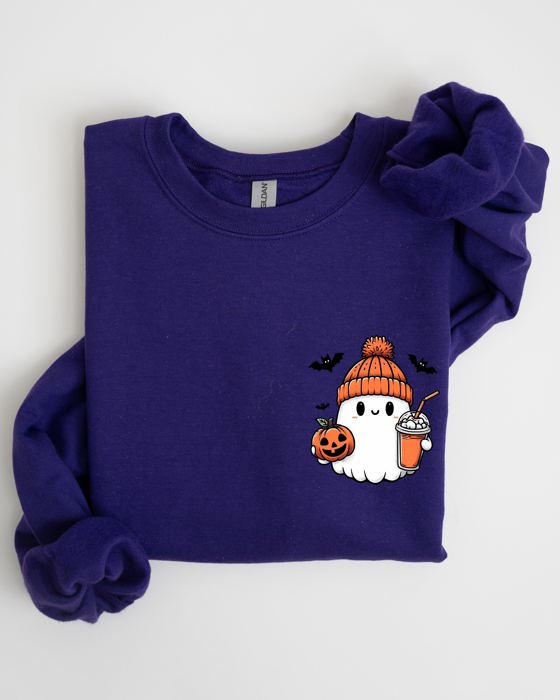 Cute Orange Ghost Pocket Print Halloween Coffee Bats Cozy Nights Adventure Cozy Autumn Spooky Mood Sweatshirt