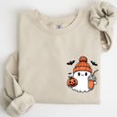 Large Sand Cute Orange Ghost Pocket Print Halloween Coffee Bats Cozy Nights Adventure Cozy Autumn Spooky Mood Sweatshirt