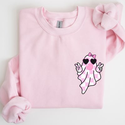 Cute Pink Bubblegum Ghost Pocket Print Halloween Peace Bow Ribbon Cozy Sweatshirt