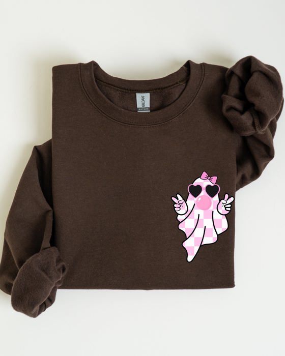 Cute Pink Bubblegum Ghost Pocket Print Halloween Peace Bow Ribbon Cozy Sweatshirt