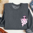 XXL Dark Gray Heather Cute Pink Bubblegum Ghost Pocket Print Halloween Peace Bow Ribbon Cozy Sweatshirt