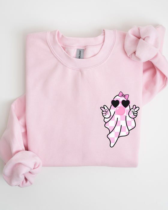 Cute Pink Bubblegum Ghost Pocket Print Halloween Peace Bow Ribbon Cozy Sweatshirt