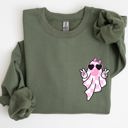 XXL Military Green Cute Pink Bubblegum Ghost Pocket Print Halloween Peace Bow Ribbon Cozy Sweatshirt