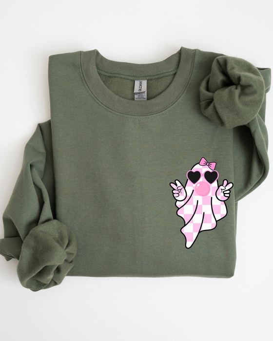 Cute Pink Bubblegum Ghost Pocket Print Halloween Peace Bow Ribbon Cozy Sweatshirt