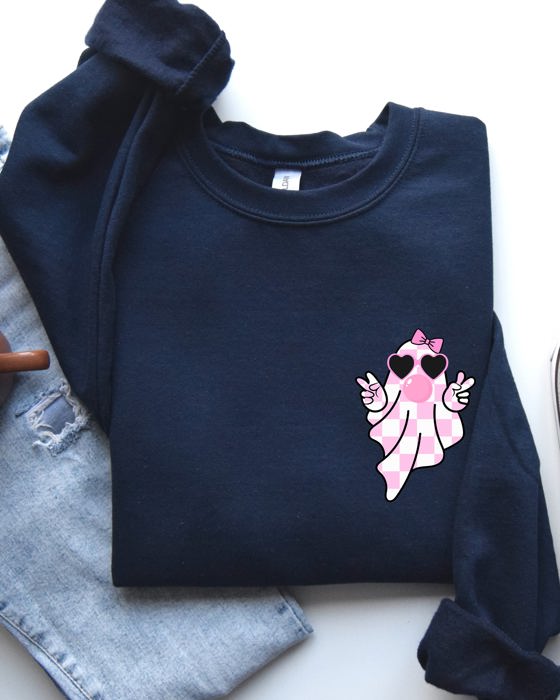 Cute Pink Bubblegum Ghost Pocket Print Halloween Peace Bow Ribbon Cozy Sweatshirt