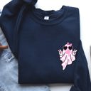 Large Navy Cute Pink Bubblegum Ghost Pocket Print Halloween Peace Bow Ribbon Cozy Sweatshirt