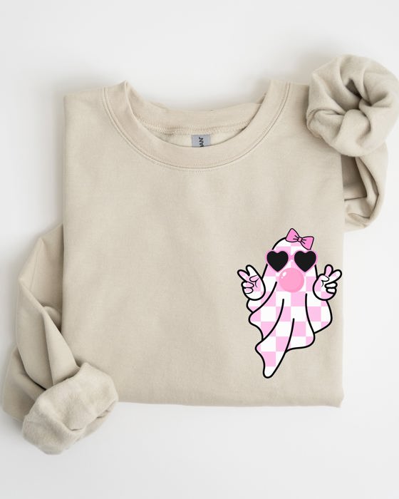 Cute Pink Bubblegum Ghost Pocket Print Halloween Peace Bow Ribbon Cozy Sweatshirt
