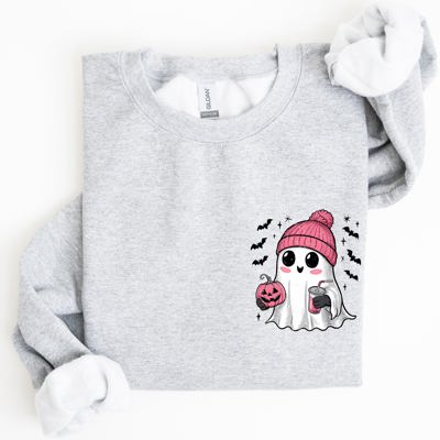 Cute Pink Ghost Pocket Print Halloween Coffee Bats Cozy Fall Seasonal Sweatshirt