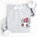 XXXL Ash Light Gray Cute Pink Ghost Pocket Print Halloween Coffee Bats Cozy Fall Seasonal Sweatshirt