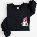 XL Black Cute Pink Ghost Pocket Print Halloween Coffee Bats Cozy Fall Seasonal Sweatshirt