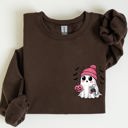 XL Dark Chocolate Brown Cute Pink Ghost Pocket Print Halloween Coffee Bats Cozy Fall Seasonal Sweatshirt