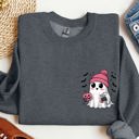 XXL Dark Gray Heather Cute Pink Ghost Pocket Print Halloween Coffee Bats Cozy Fall Seasonal Sweatshirt