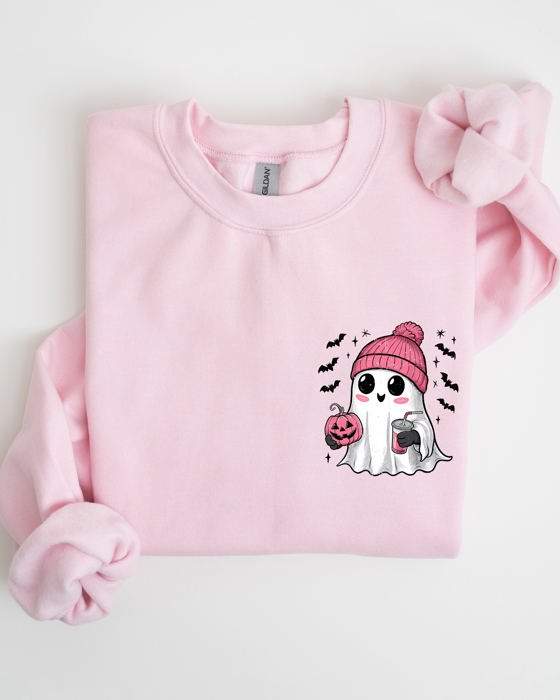 Cute Pink Ghost Pocket Print Halloween Coffee Bats Cozy Fall Seasonal Sweatshirt