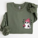 XXXL Military Green Cute Pink Ghost Pocket Print Halloween Coffee Bats Cozy Fall Seasonal Sweatshirt