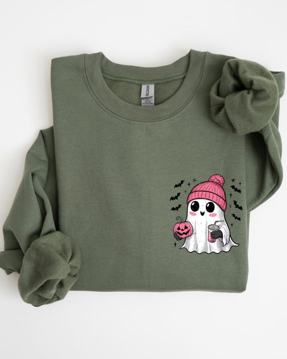 Cute Pink Ghost Pocket Print Halloween Coffee Bats Cozy Fall Seasonal Sweatshirt