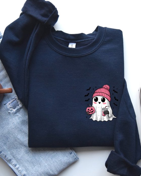 Cute Pink Ghost Pocket Print Halloween Coffee Bats Cozy Fall Seasonal Sweatshirt