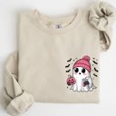 XXL Sand Cute Pink Ghost Pocket Print Halloween Coffee Bats Cozy Fall Seasonal Sweatshirt