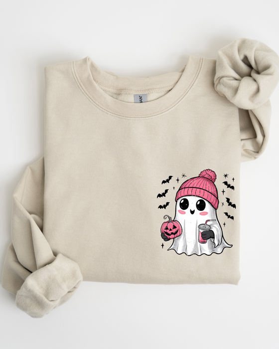 Cute Pink Ghost Pocket Print Halloween Coffee Bats Cozy Fall Seasonal Sweatshirt