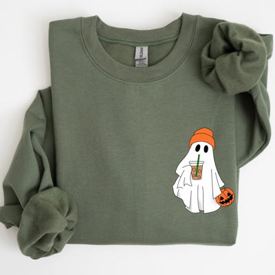 Cute Skater Ghost Pocket Print Halloween Coffee Trick Or Treat Cozy Graphic Sweatshirt