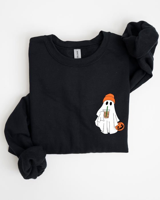 Cute Skater Ghost Pocket Print Halloween Coffee Trick Or Treat Cozy Graphic Sweatshirt