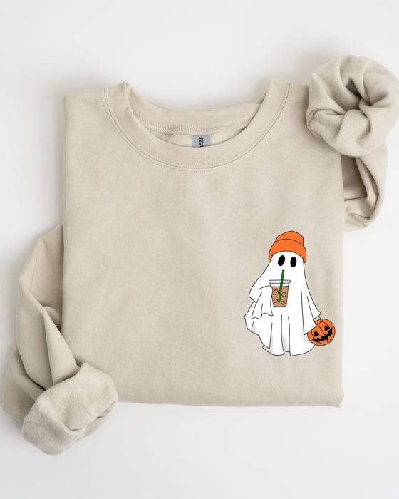 Cute Skater Ghost Pocket Print Halloween Coffee Trick Or Treat Cozy Graphic Sweatshirt