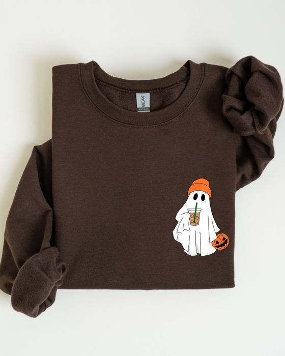 Cute Skater Ghost Pocket Print Halloween Coffee Trick Or Treat Cozy Graphic Sweatshirt