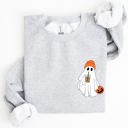XXXL Ash Light Gray Cute Skater Ghost Pocket Print Halloween Coffee Trick Or Treat Cozy Graphic Sweatshirt