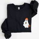 XXL Black Cute Skater Ghost Pocket Print Halloween Coffee Trick Or Treat Cozy Graphic Sweatshirt