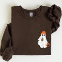Small Dark Chocolate Brown Cute Skater Ghost Pocket Print Halloween Coffee Trick Or Treat Cozy Graphic Sweatshirt