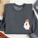 XXL Dark Gray Heather Cute Skater Ghost Pocket Print Halloween Coffee Trick Or Treat Cozy Graphic Sweatshirt