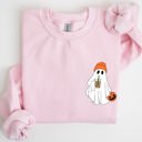 XXL Light Pink Cute Skater Ghost Pocket Print Halloween Coffee Trick Or Treat Cozy Graphic Sweatshirt