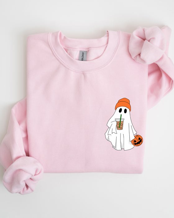 Cute Skater Ghost Pocket Print Halloween Coffee Trick Or Treat Cozy Graphic Sweatshirt